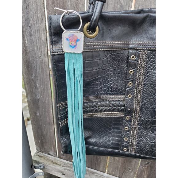 Handmade boho cow Leather Fringe Western bag charm, Long fringe keychain - Picture 3 of 4